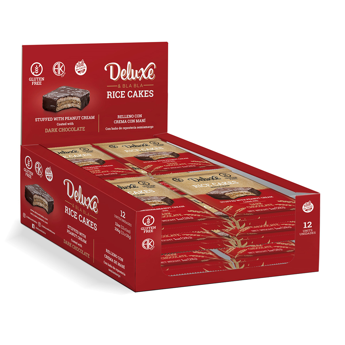 Deluxe Alfajor Rice Cakes Filled with Peanuts and Covered in Dark Chocolate Box 12 x 0.98 oz.